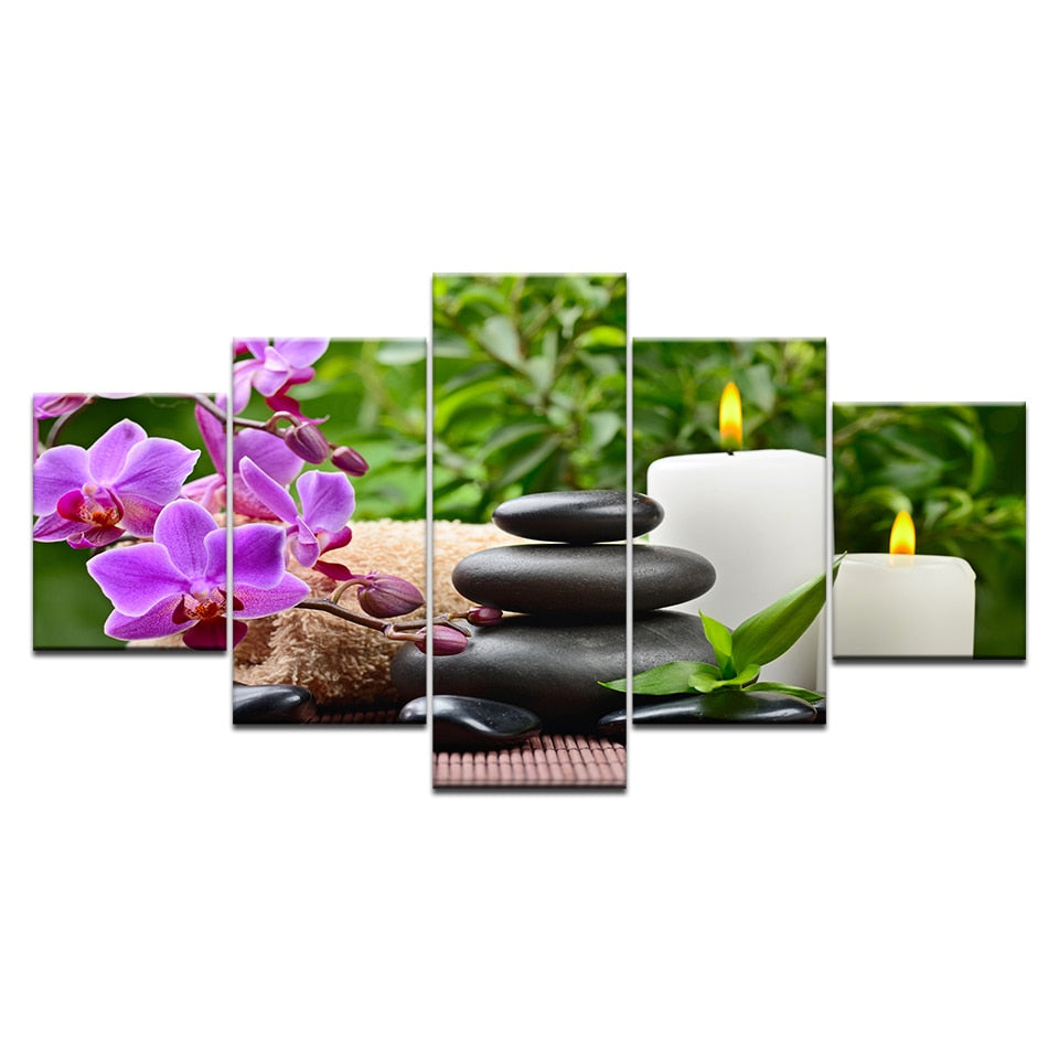Stones Bamboo Wild Orchid Candles & Flowers Framed 5 Piece Canvas Wall Art
