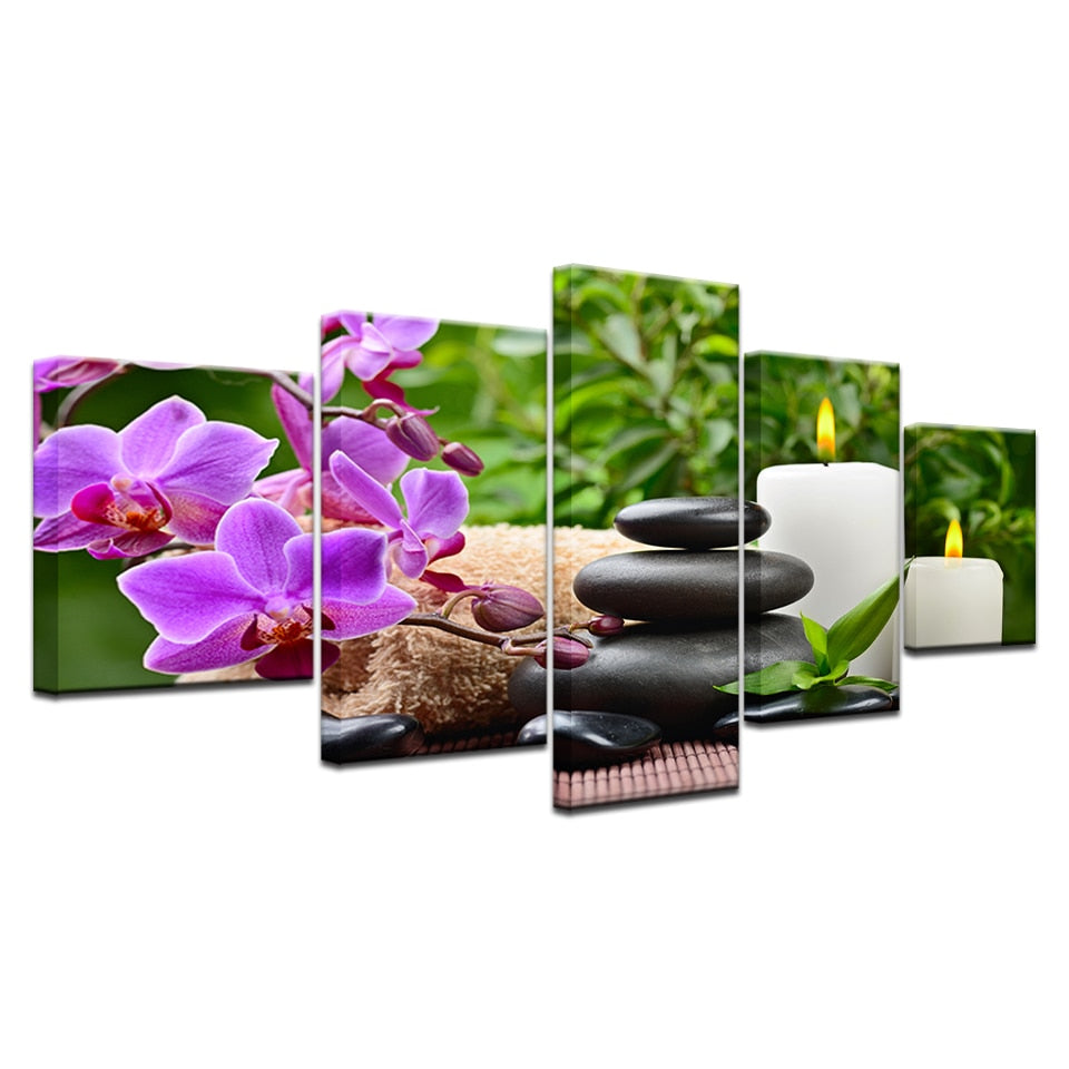 Stones Bamboo Wild Orchid Candles & Flowers Framed 5 Piece Canvas Wall Art