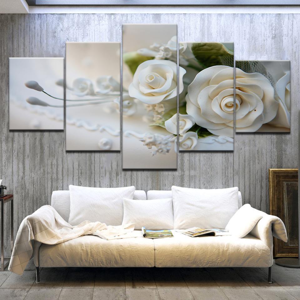 White Rose Flowers Paintings Framed 5 Piece Canvas Wall Art