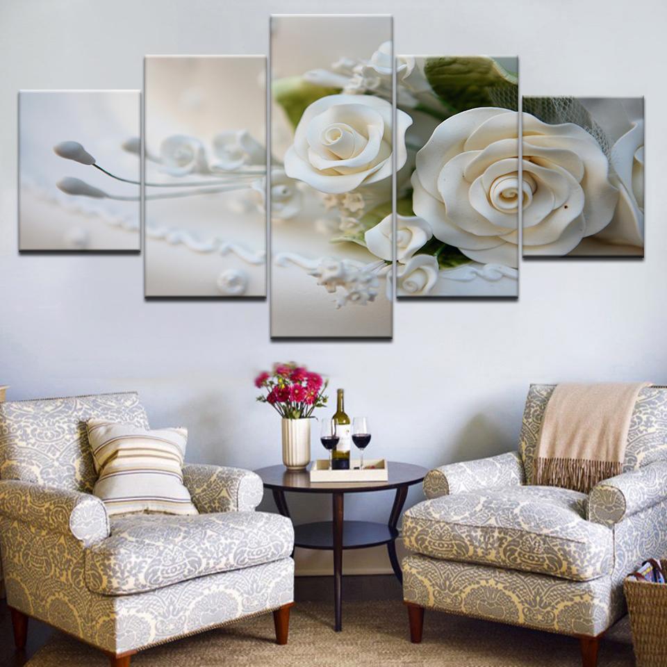 White Rose Flowers Paintings Framed 5 Piece Canvas Wall Art