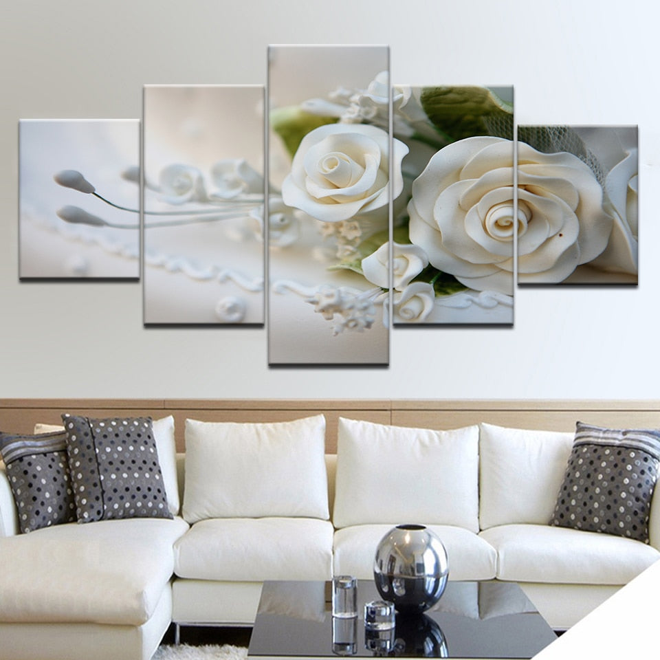 White Rose Flowers Paintings Framed 5 Piece Canvas Wall Art