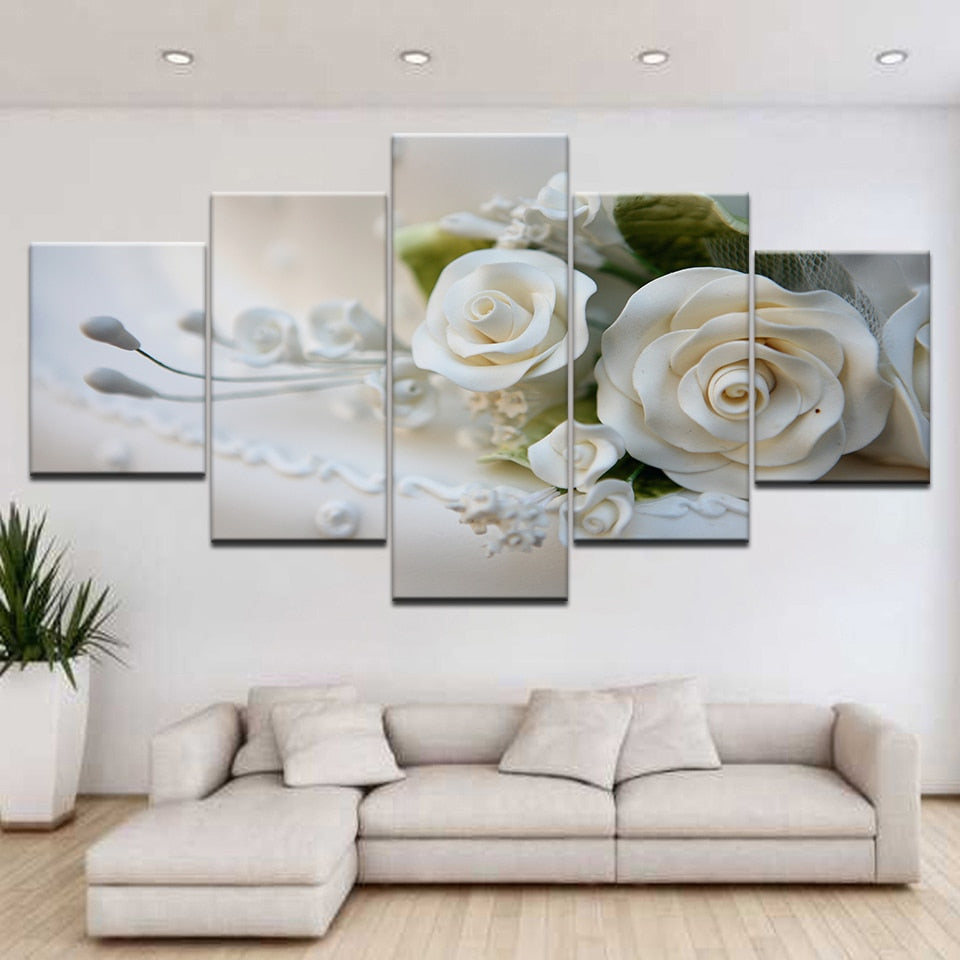 White Rose Flowers Paintings Framed 5 Piece Canvas Wall Art
