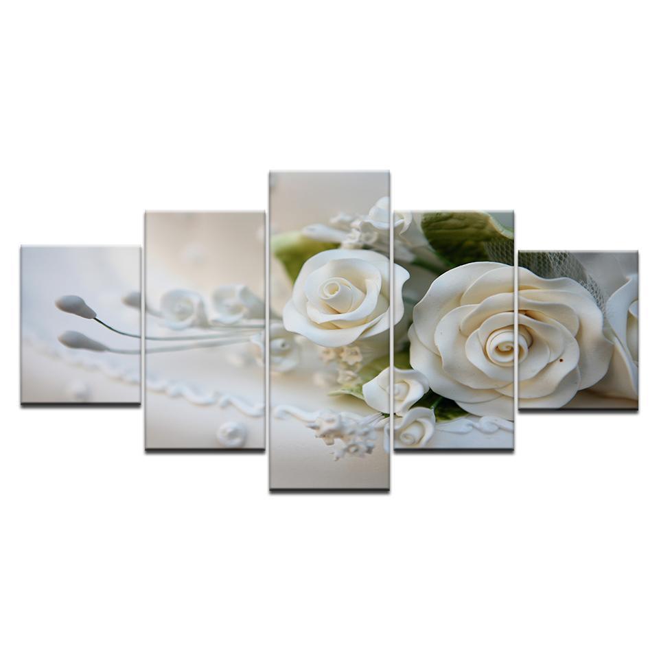 White Rose Flowers Paintings Framed 5 Piece Canvas Wall Art