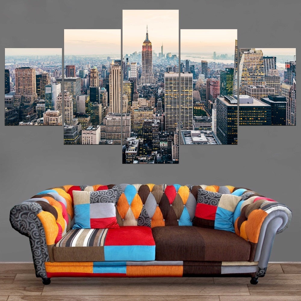Downtown Manhattan NYC New York City Skyscrapers Skyline Cityscape Framed 5 Piece Canvas Wall Art