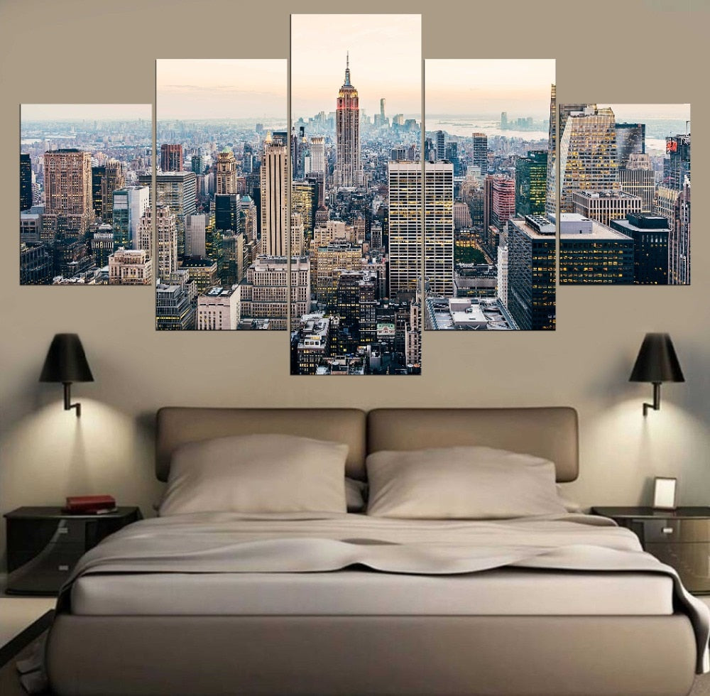 Downtown Manhattan NYC New York City Skyscrapers Skyline Cityscape Framed 5 Piece Canvas Wall Art