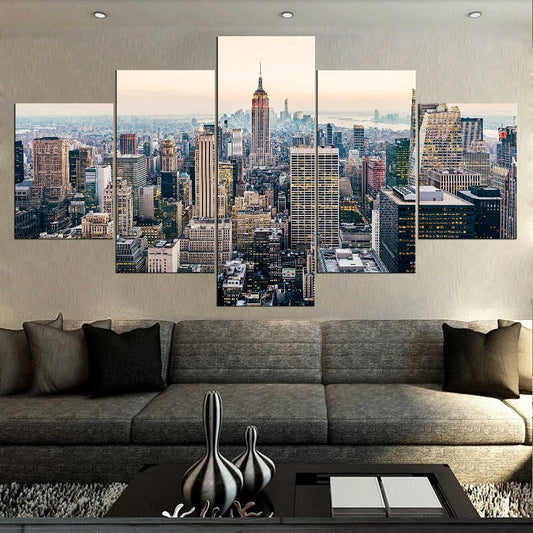 Downtown Manhattan NYC New York City Skyscrapers Skyline Cityscape Framed 5 Piece Canvas Wall Art