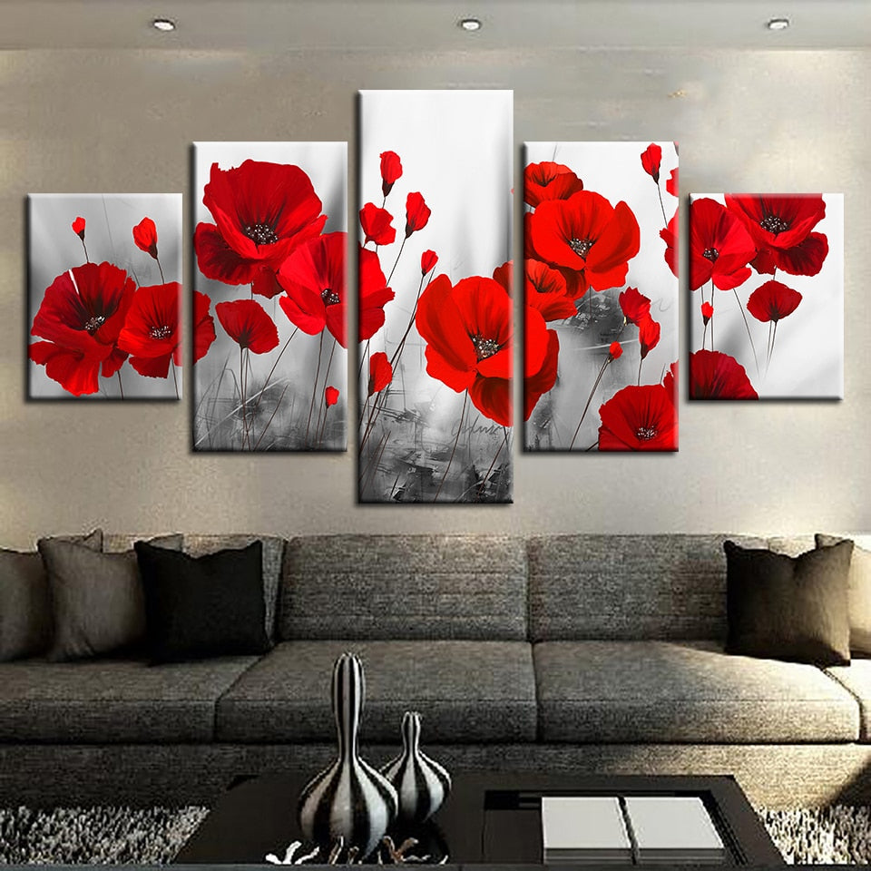 Romantic Red Poppy Flowers Painting Framed 5 Piece Canvas Wall Art