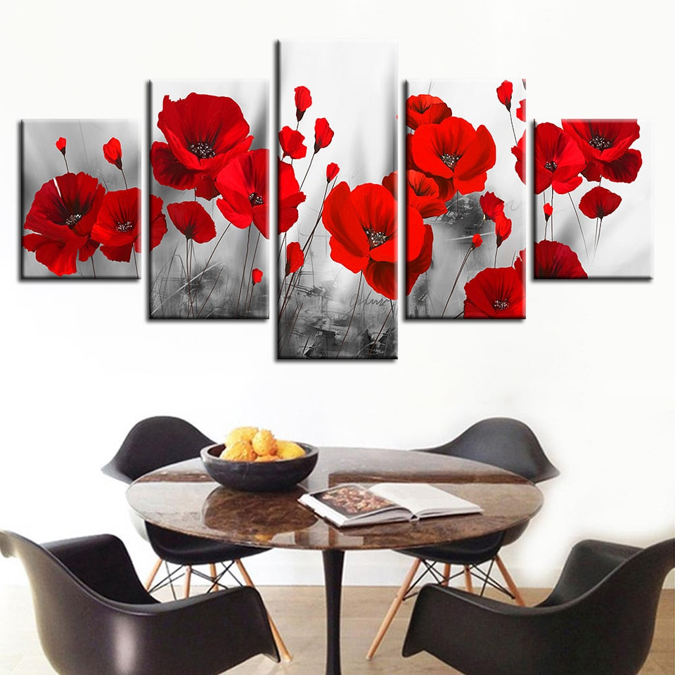 Romantic Red Poppy Flowers Painting Framed 5 Piece Canvas Wall Art