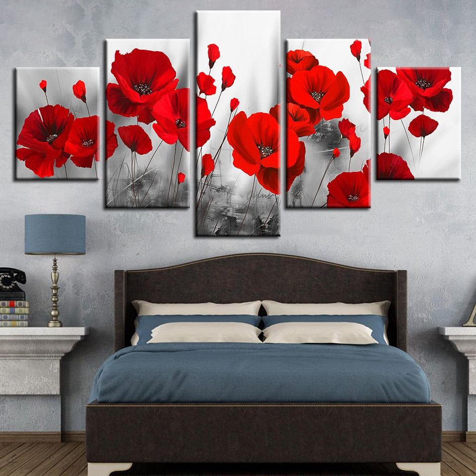 Romantic Red Poppy Flowers Painting Framed 5 Piece Canvas Wall Art