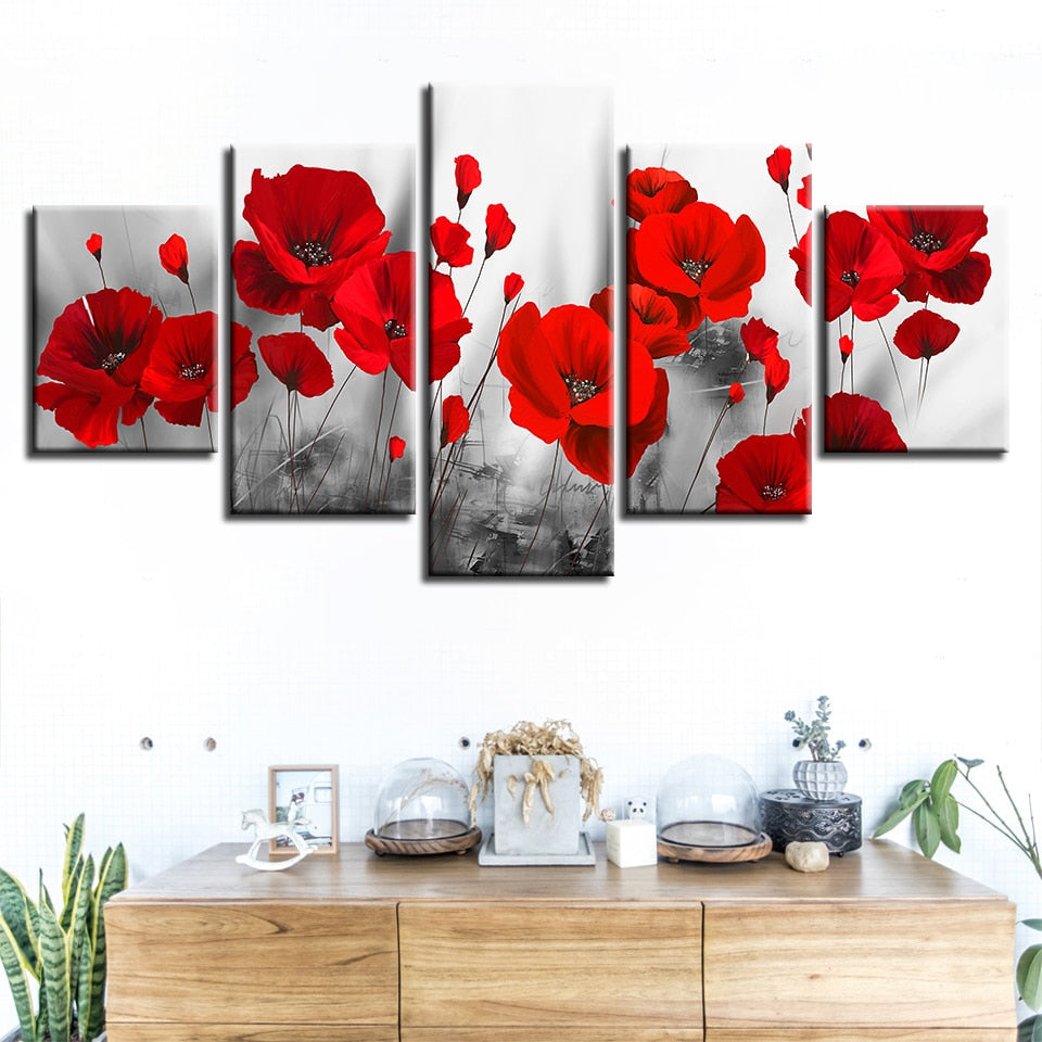Romantic Red Poppy Flowers Painting Framed 5 Piece Canvas Wall Art