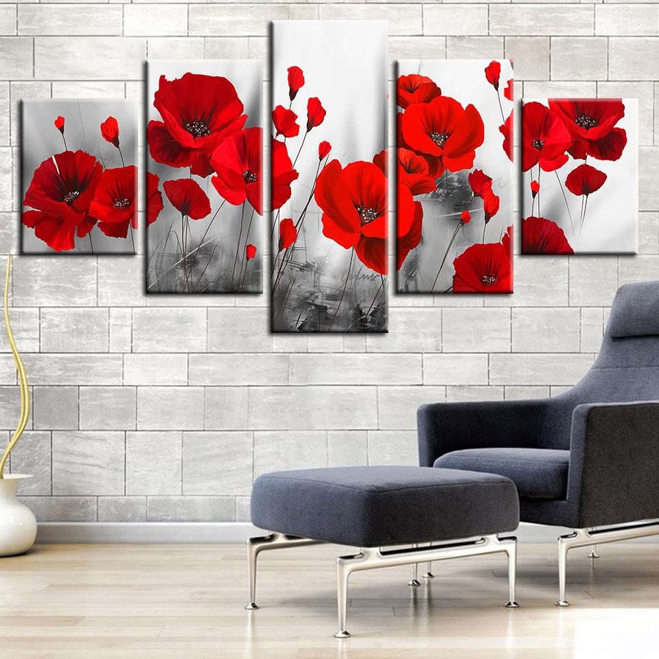 Romantic Red Poppy Flowers Painting Framed 5 Piece Canvas Wall Art