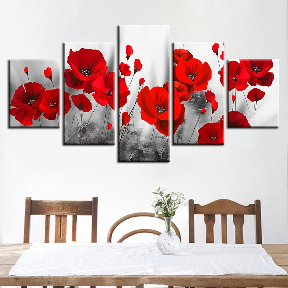 Romantic Red Poppy Flowers Painting Framed 5 Piece Canvas Wall Art