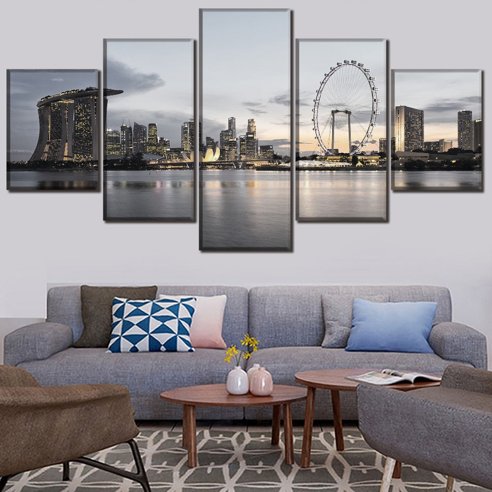 Singapore City Skyscrapers Skyline Clouds Framed 5 Piece Canvas Wall Art