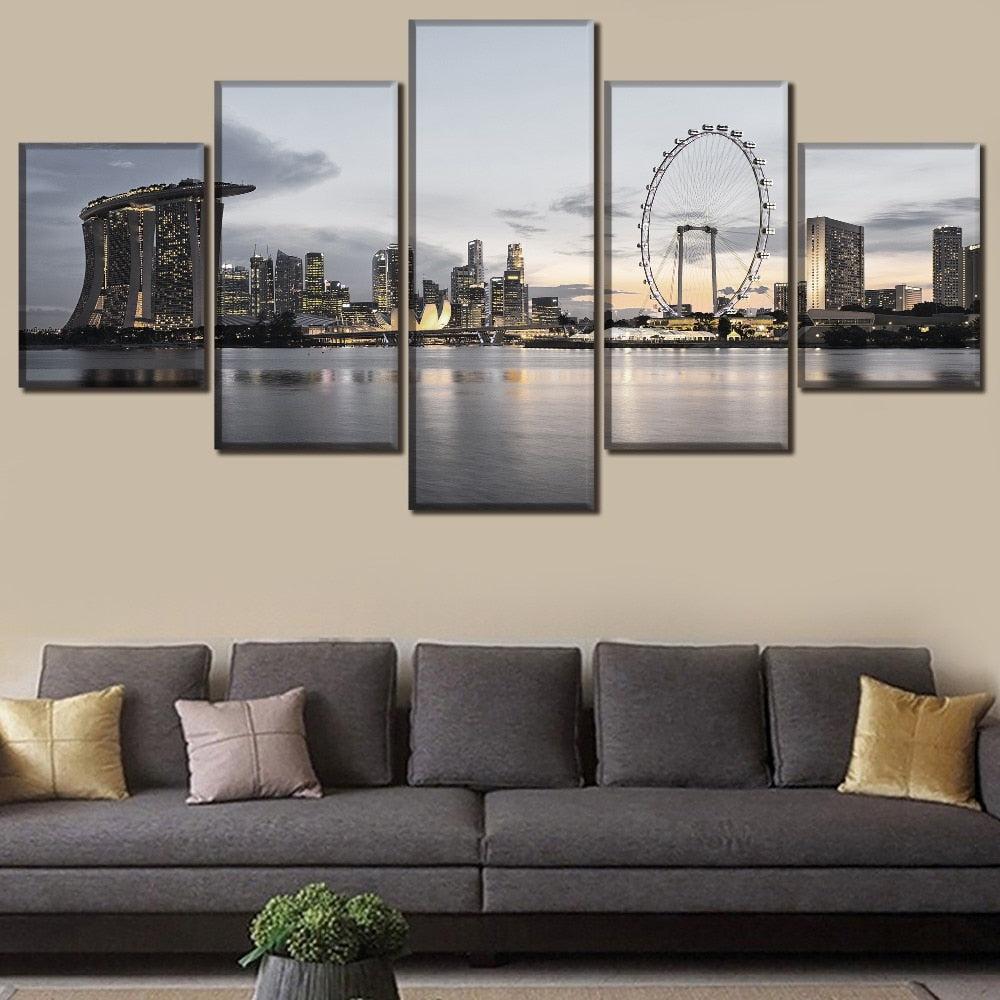 Singapore City Skyscrapers Skyline Clouds Framed 5 Piece Canvas Wall Art