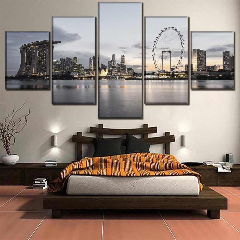 Singapore City Skyscrapers Skyline Clouds Framed 5 Piece Canvas Wall Art