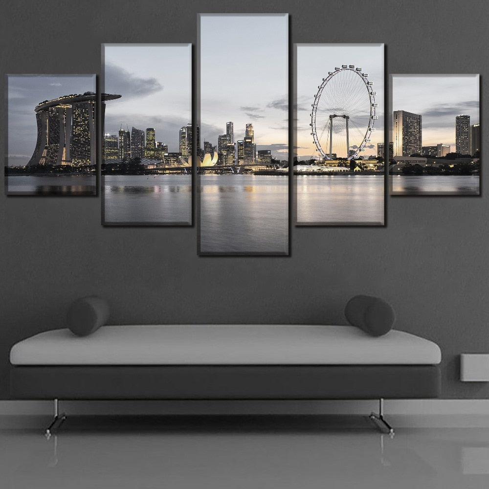 Singapore City Skyscrapers Skyline Clouds Framed 5 Piece Canvas Wall Art