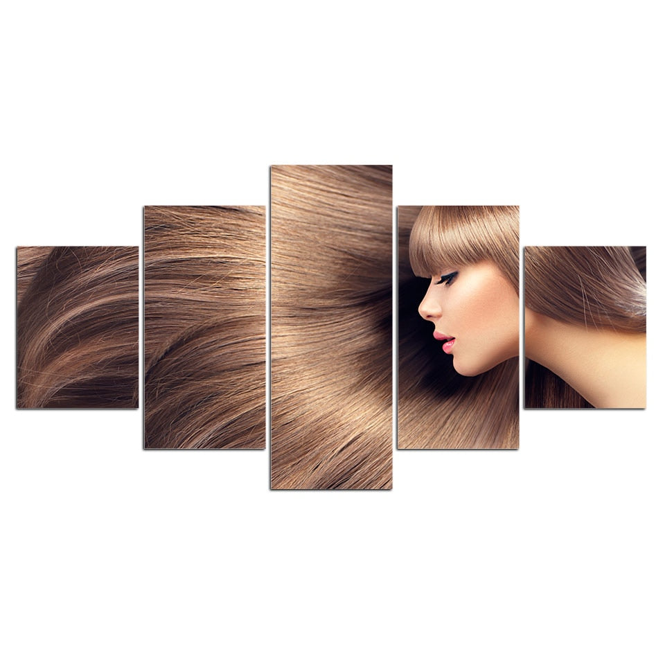 Pretty Girl With Nice Hair For Nail Salon Makeup Or Beauty Shop Framed 5 Piece Canvas Wall Art