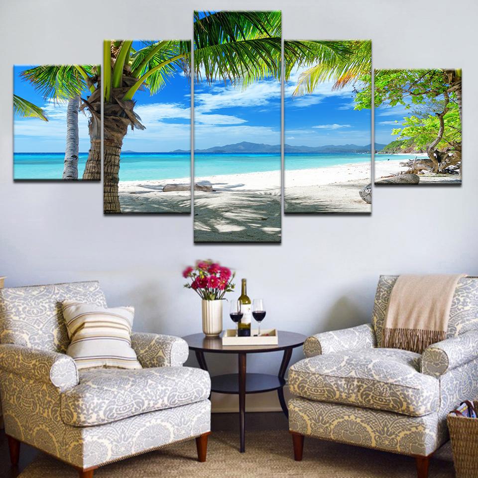 Beautiful Tropical Sea Maldives Islands Palm Tree Ocean White Sandy Beach Framed 5 Piece Canvas Wall Art
