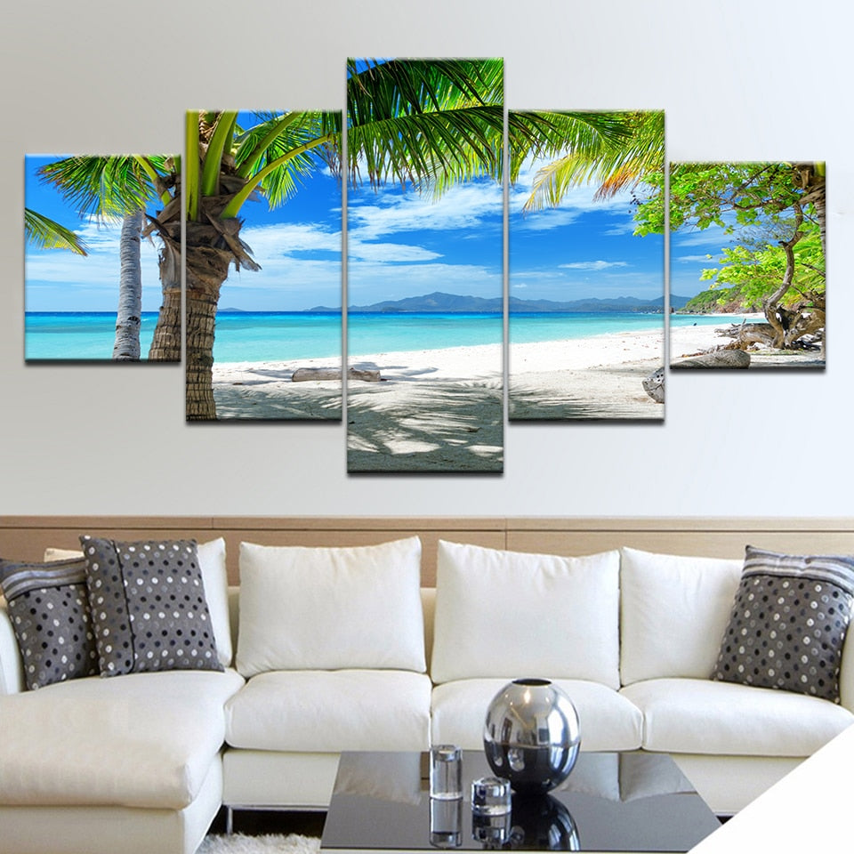 Beautiful Tropical Sea Maldives Islands Palm Tree Ocean White Sandy Beach Framed 5 Piece Canvas Wall Art