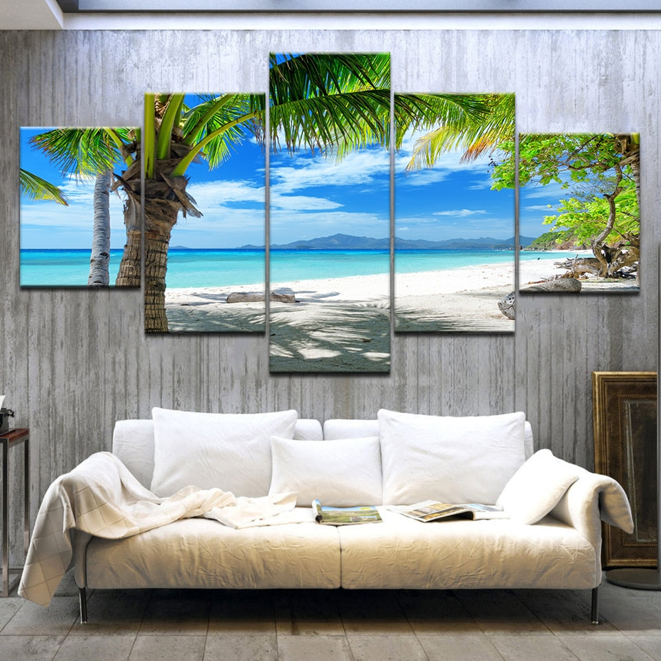 Beautiful Tropical Sea Maldives Islands Palm Tree Ocean White Sandy Beach Framed 5 Piece Canvas Wall Art