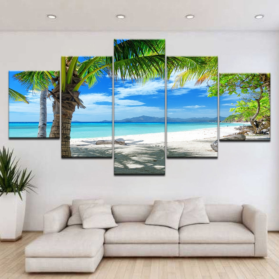 Beautiful Tropical Sea Maldives Islands Palm Tree Ocean White Sandy Beach Framed 5 Piece Canvas Wall Art