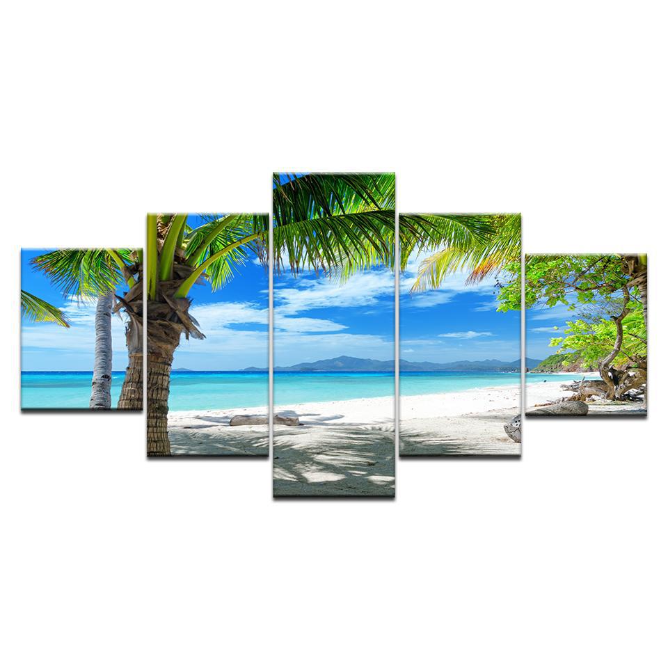 Beautiful Tropical Sea Maldives Islands Palm Tree Ocean White Sandy Beach Framed 5 Piece Canvas Wall Art