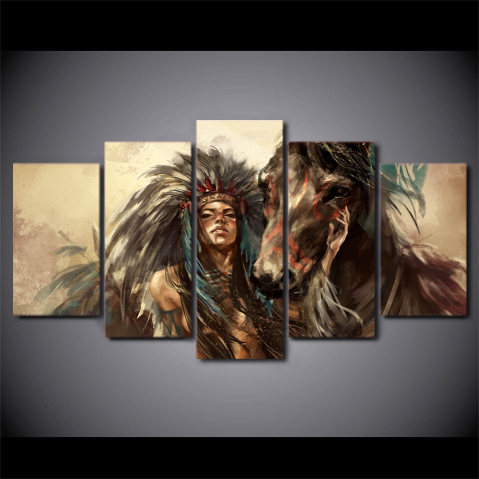 Beautiful Native American Indian Girl & Horse 5 Piece Canvas Wall Art