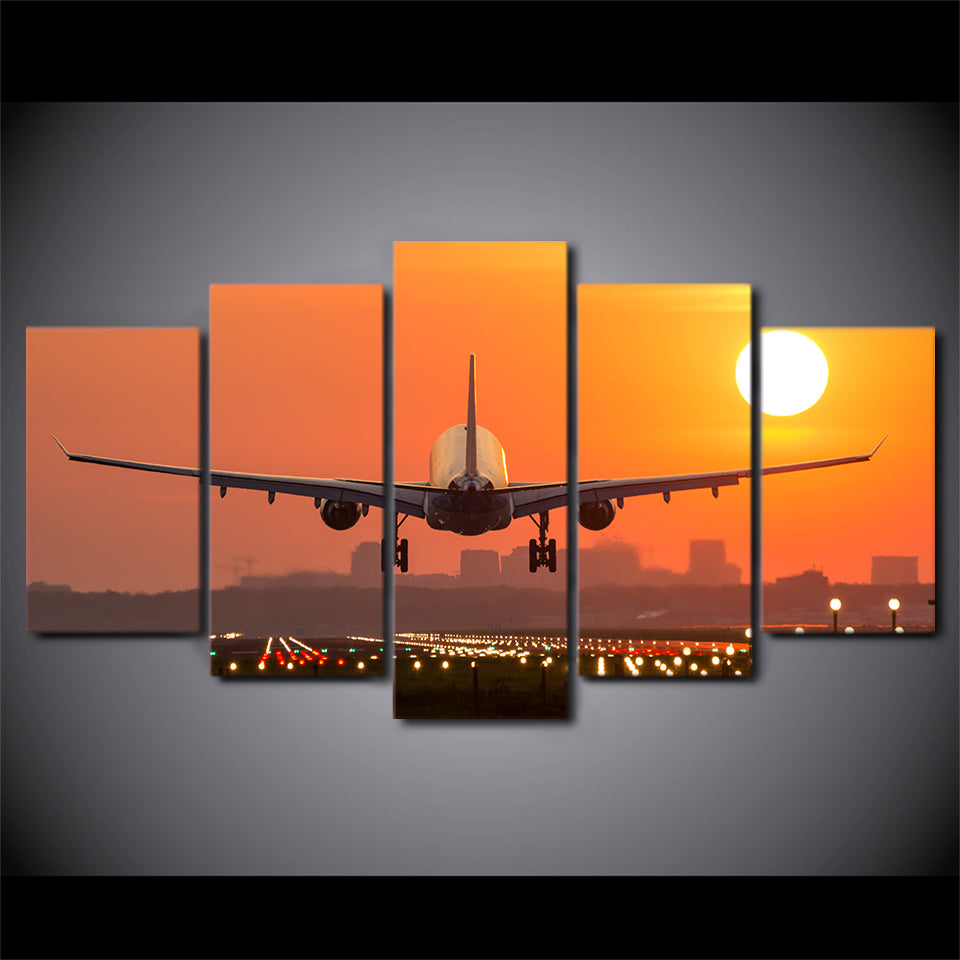 Airplane Sunset Sunrise Cityscape Landing Framed 5 Piece Canvas Wall Art