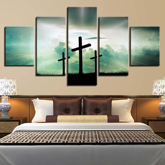 Christian 3 Cross Framed 5 Piece Canvas Wall Art