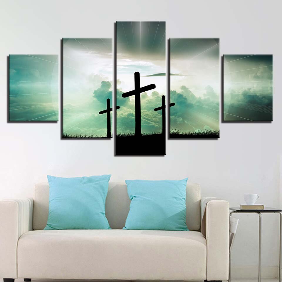 Christian 3 Cross Framed 5 Piece Canvas Wall Art