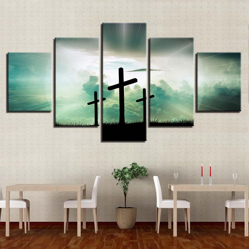 Christian 3 Cross Framed 5 Piece Canvas Wall Art