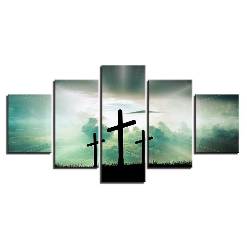 Christian 3 Cross Framed 5 Piece Canvas Wall Art