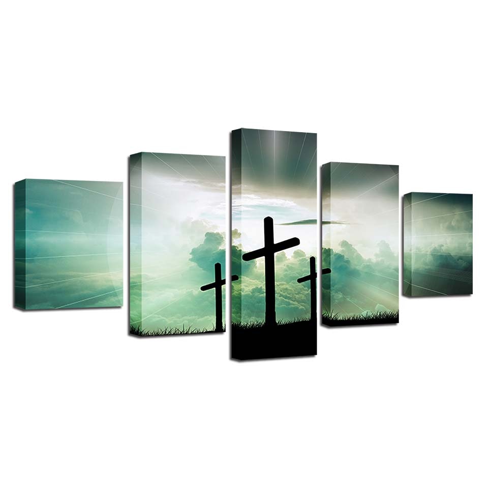 Christian 3 Cross Framed 5 Piece Canvas Wall Art