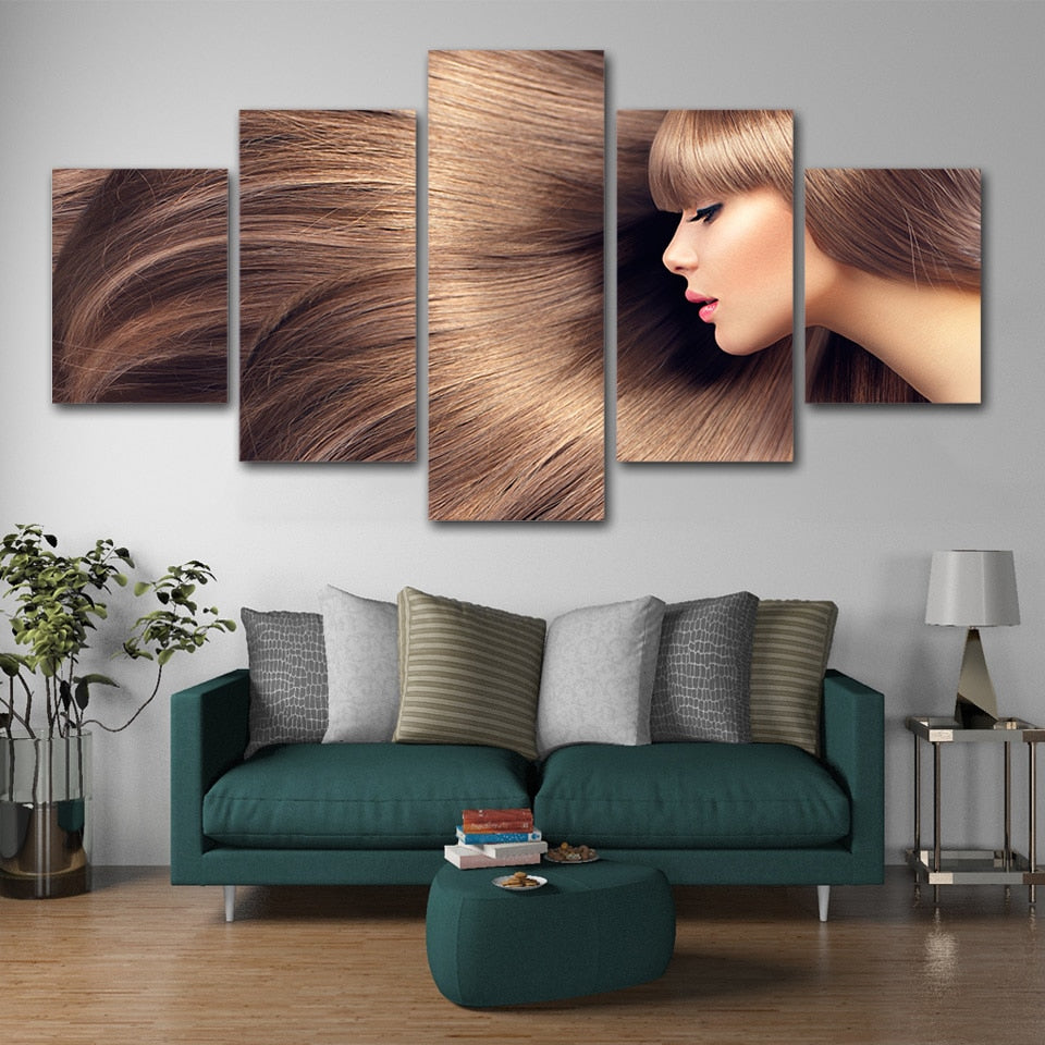 Pretty Girl With Nice Hair For Nail Salon Makeup Or Beauty Shop Framed 5 Piece Canvas Wall Art