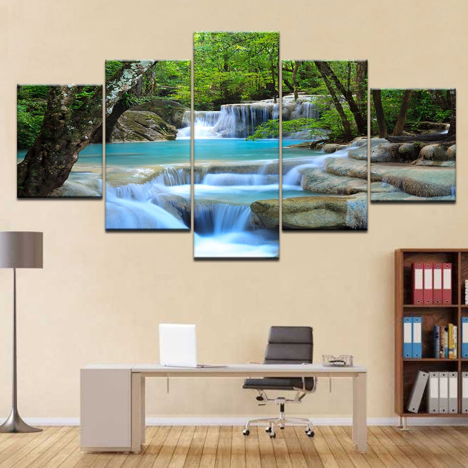 Beautiful Natural Waterfall & River Forest Framed 5 Piece Canvas Wall Art