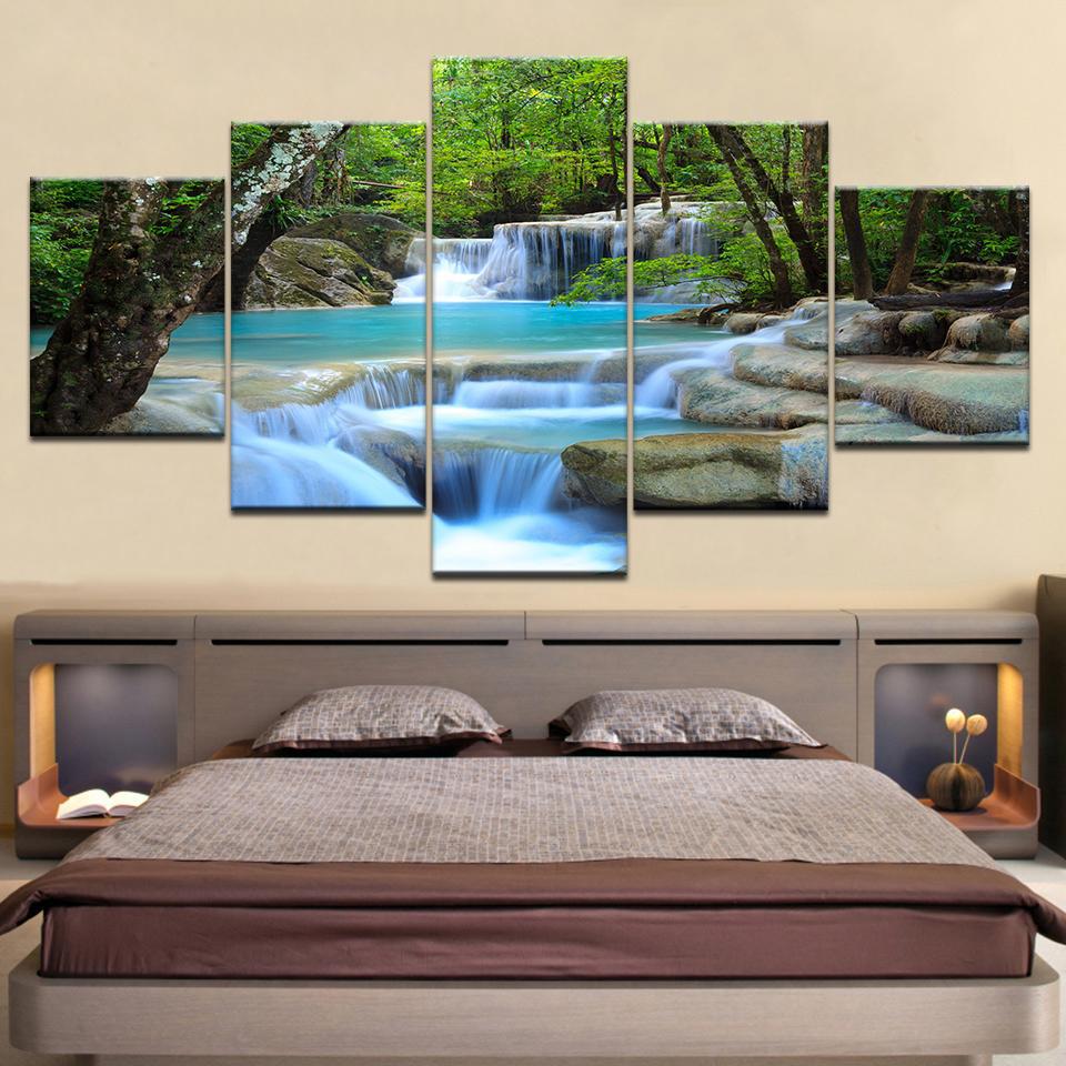 Beautiful Natural Waterfall & River Forest Framed 5 Piece Canvas Wall Art