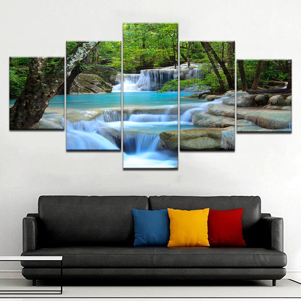 Beautiful Natural Waterfall & River Forest Framed 5 Piece Canvas Wall Art