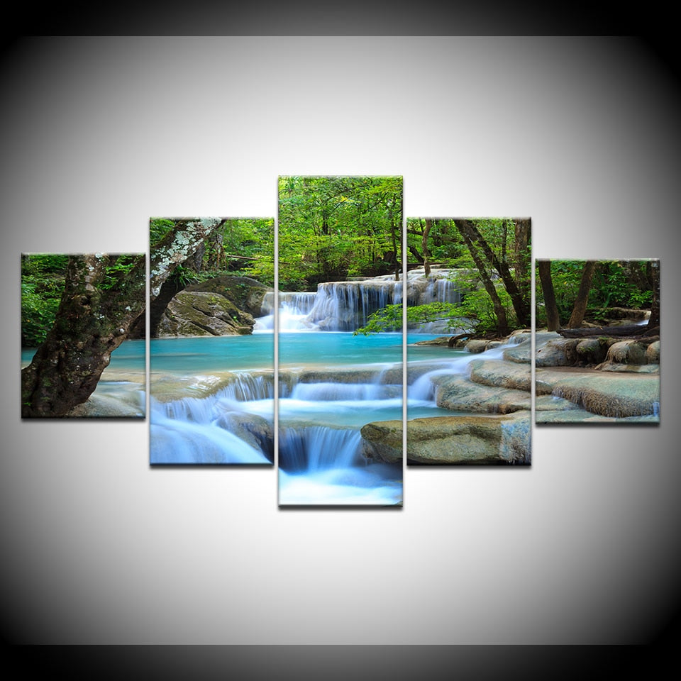 Beautiful Natural Waterfall & River Forest Framed 5 Piece Canvas Wall Art