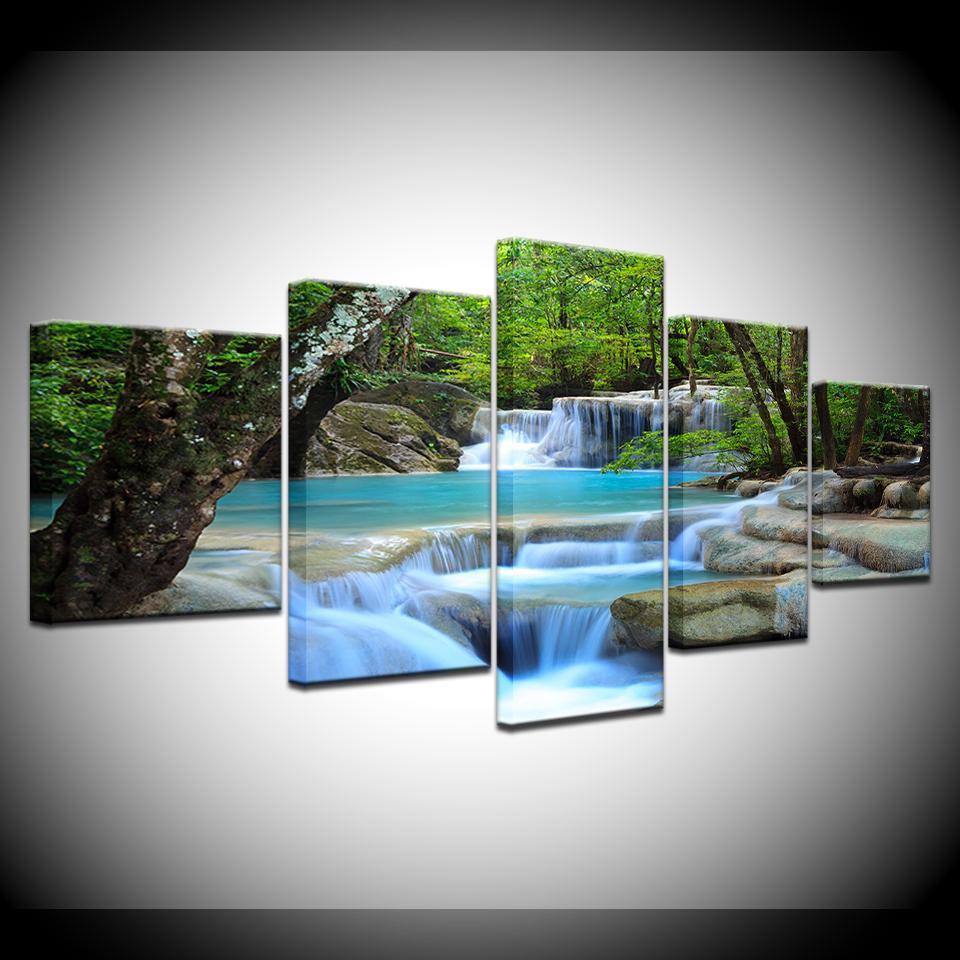 Beautiful Natural Waterfall & River Forest Framed 5 Piece Canvas Wall Art