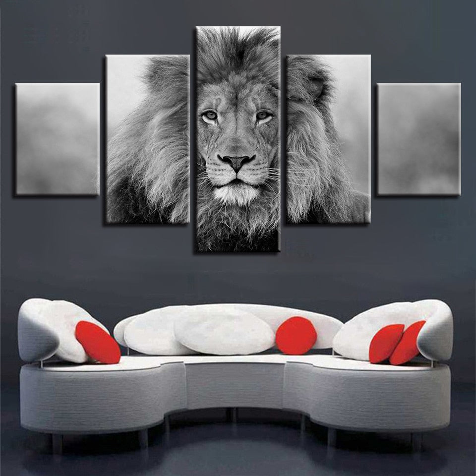 Black & White Lion Framed 5 Piece Canvas Wall Art
