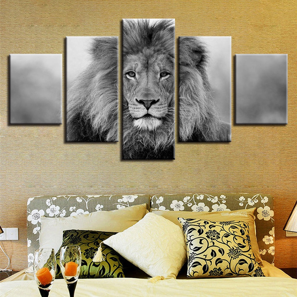 Black & White Lion Framed 5 Piece Canvas Wall Art