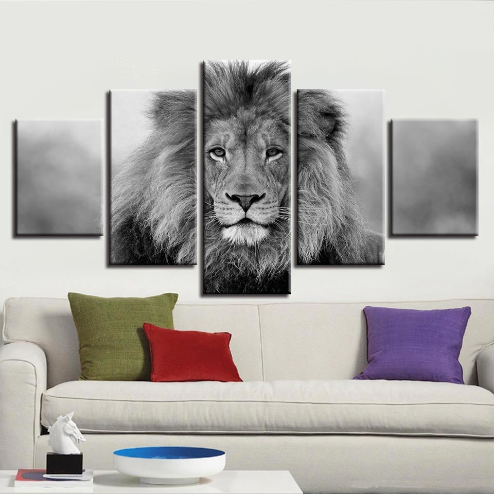 Black & White Lion Framed 5 Piece Canvas Wall Art