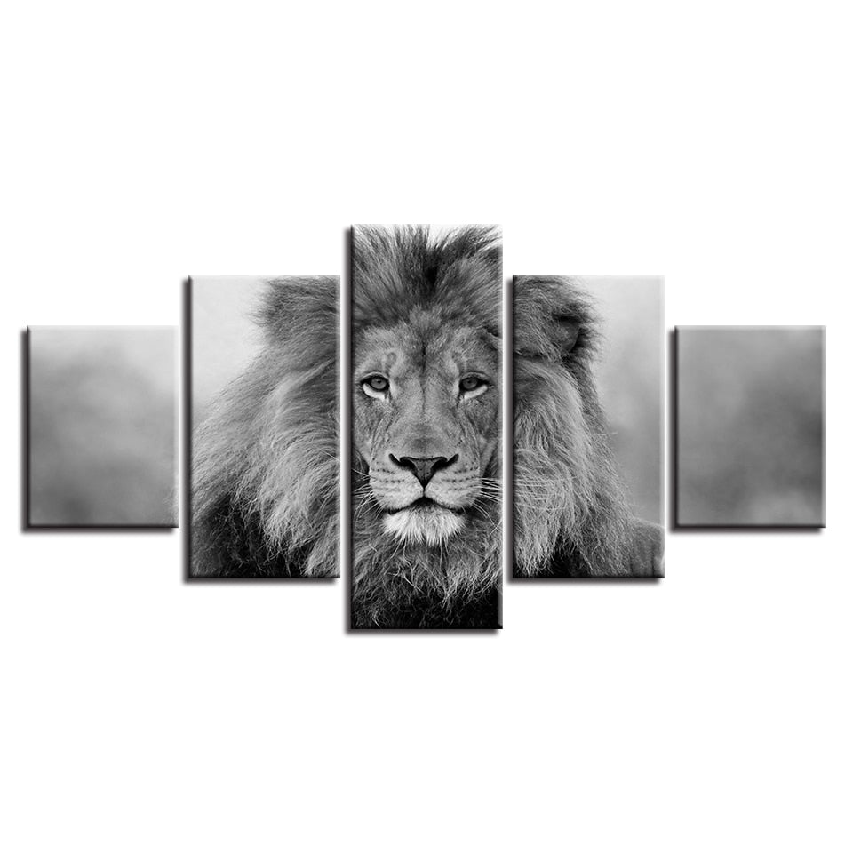 Black & White Lion Framed 5 Piece Canvas Wall Art