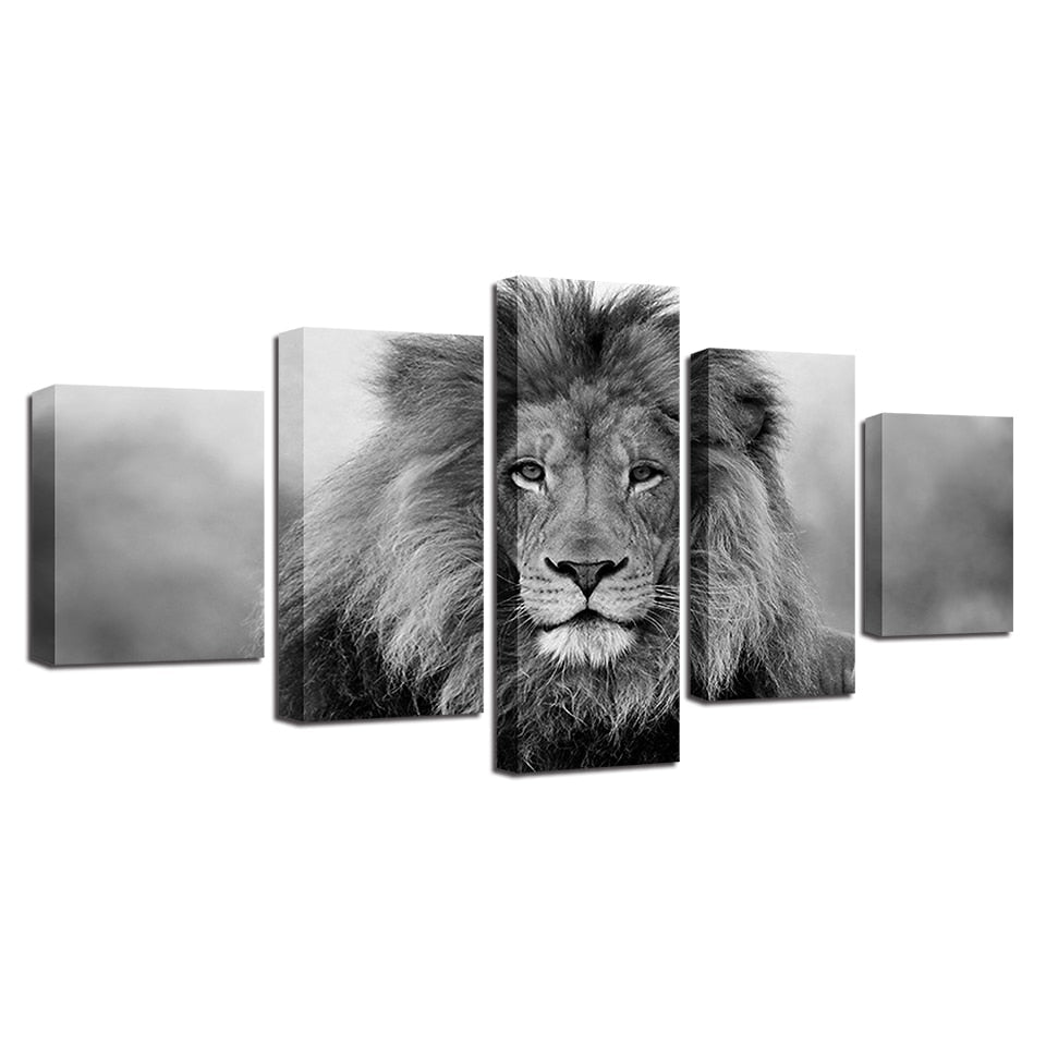 Black & White Lion Framed 5 Piece Canvas Wall Art