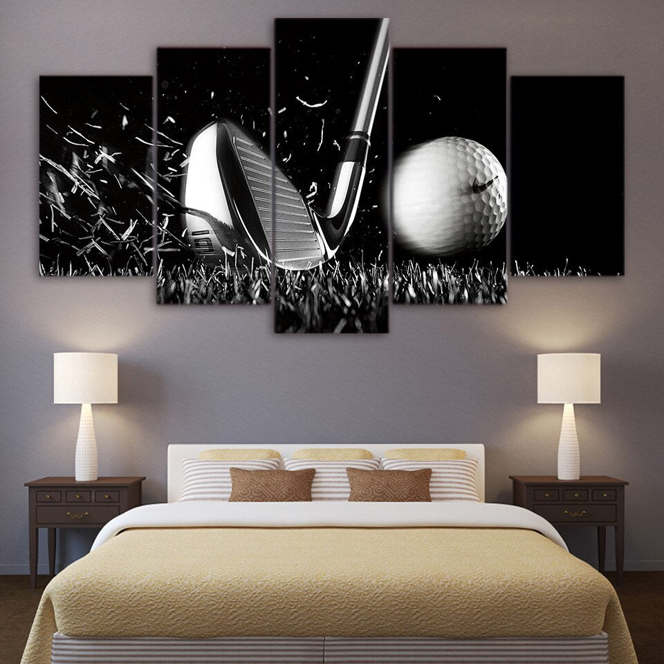 Golf Ball Sports Still Black & White Framed 5 Piece Canvas Wall Art