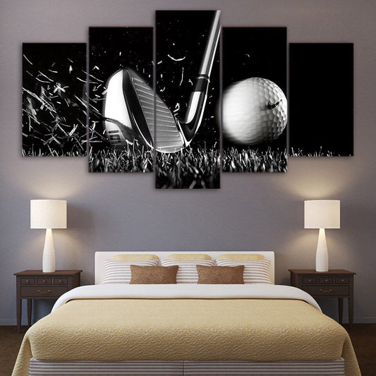 Golf Ball Sports Still Black & White Framed 5 Piece Canvas Wall Art