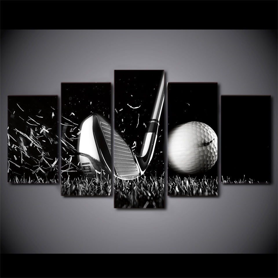 Golf Ball Sports Still Black & White Framed 5 Piece Canvas Wall Art