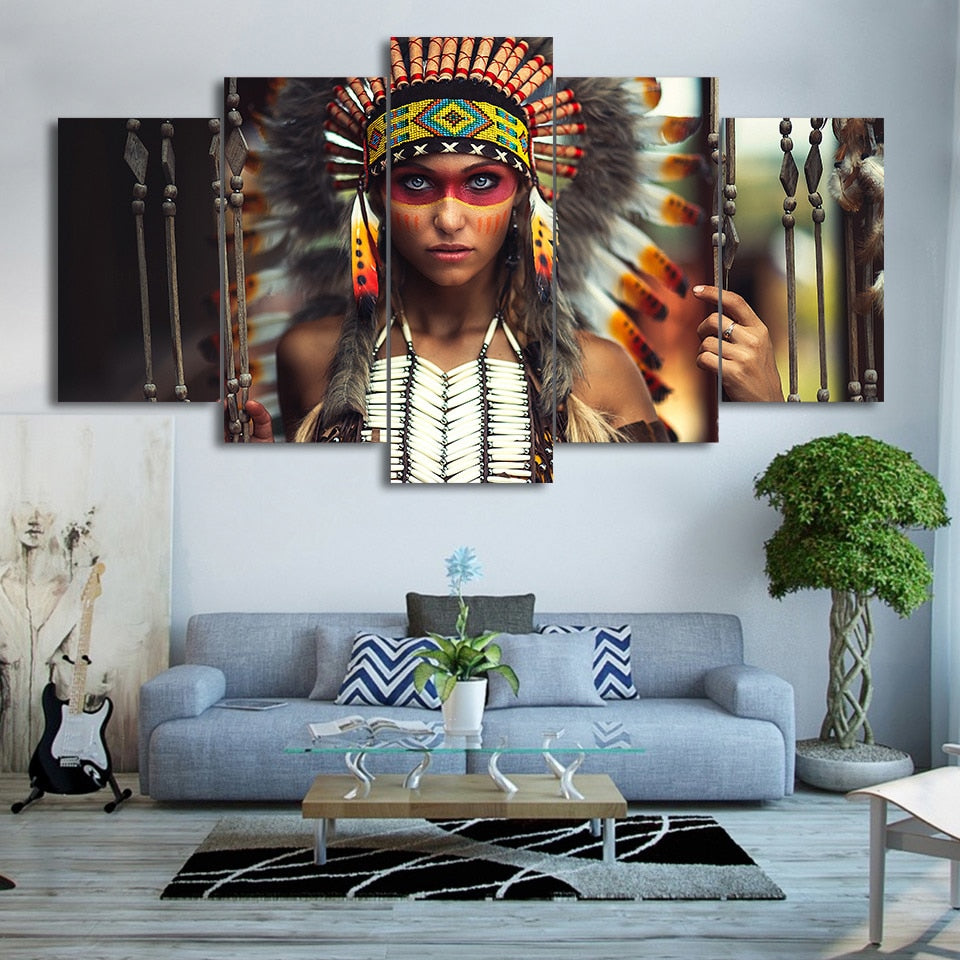 Native American Indian Girl With Feathers Framed 5 Piece Canvas Wall Art