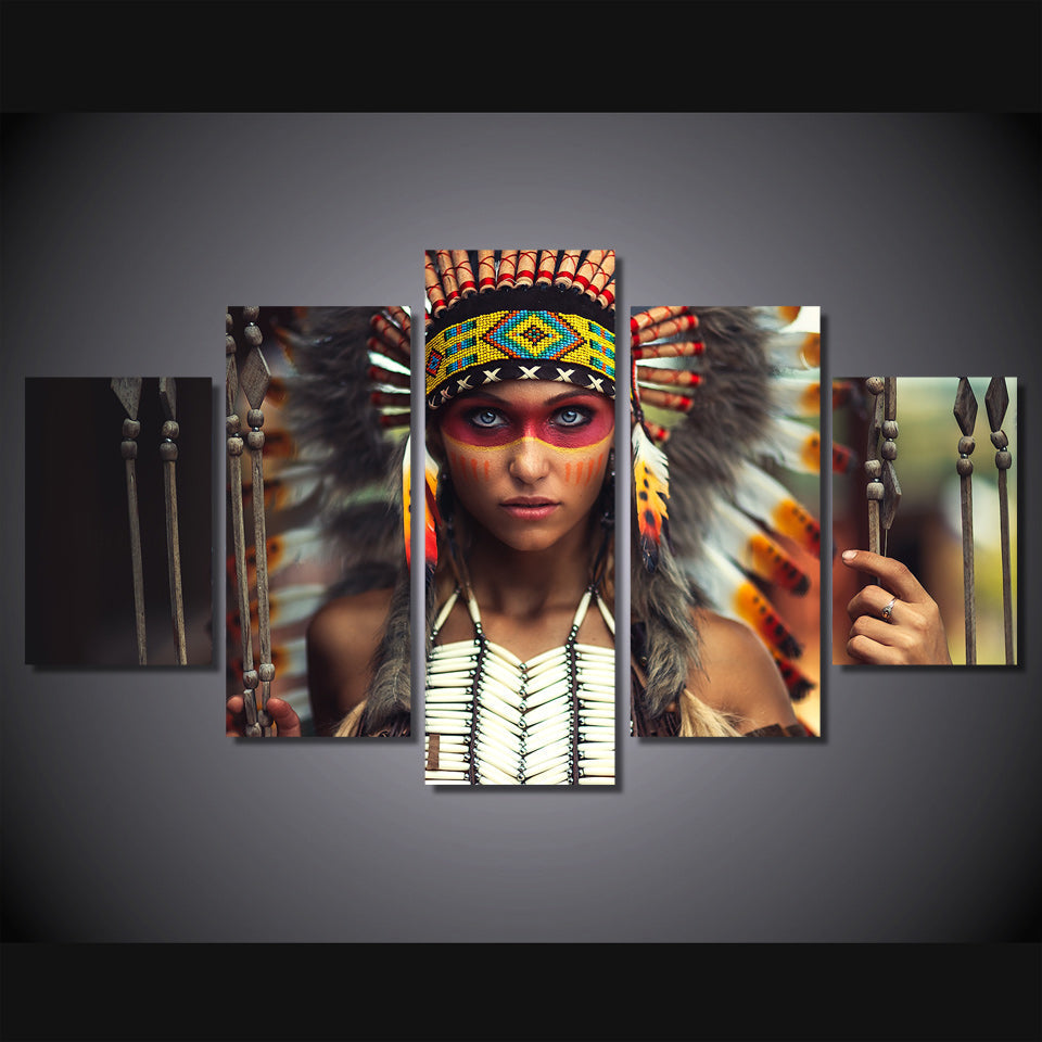Native American Indian Girl With Feathers Framed 5 Piece Canvas Wall Art
