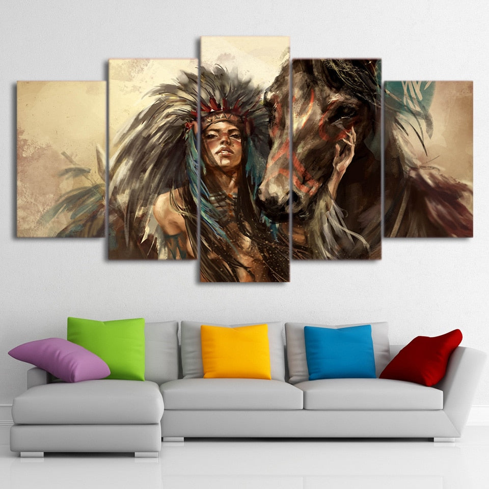 Beautiful Native American Indian Girl & Horse 5 Piece Canvas Wall Art